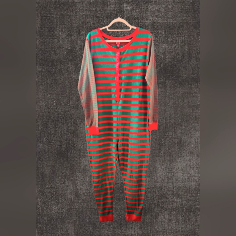 Target Red Green Stripe Thermal Snap Front One Piece Unisex Pajamas Size XL (E9)